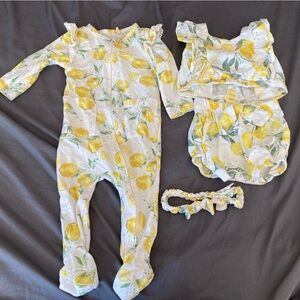 Jessica Simpson Lemon Footed Onesie and Top with Shorts and Matching Headband